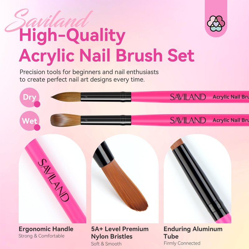 SAVILAND Acrylic Nail Brushes Set: Sizes 8, 10, 14 Nail Brushes for Professional Acrylic Powder Applications, Nails Extension, 3D Carving for Home Salon DIY Nail Art Brush Manicure Acrylics Tools Pink