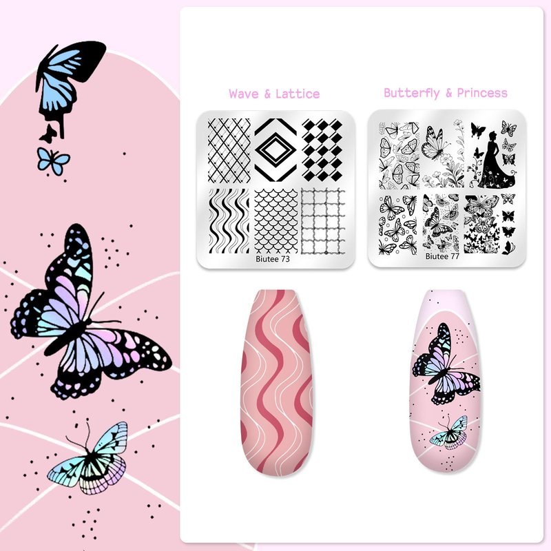 Biutee Nail Stamping Kit 12Pcs Nail Art Stamp Plates 8 Colors Stamping Polish Gel Silicone Stamper Scraper with Storage Bag, Nail Stamping Plate Lace Star Rose Plaid TemplateHoliday Design Gift