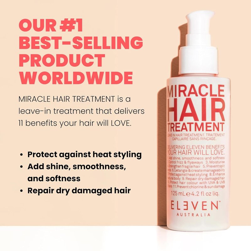 ELEVEN AUSTRALIA Miracle Leave-In Conditioner - Frizz Control & Heat Protection for Curly & Straight Hair | 4.2 Fl Oz