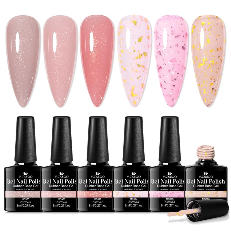 MSRUIOO 6Pcs Rubber Base Gel Nail Polish Set Pink Gold Foil Builder Base Gel Nude Brown Extension Gel for Nails at Home Salon DIY Beginner