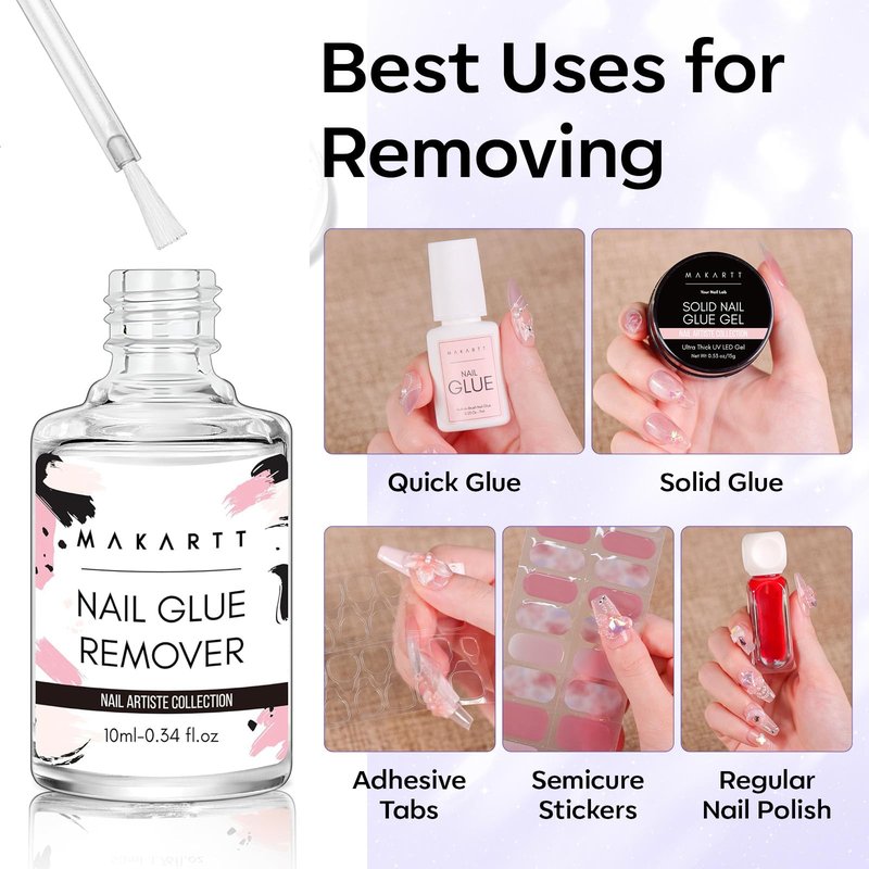 Makartt Press On Nail Glue Remover 10ML Fast and Easy Removal Debonder with 2 Dropper Applicators, 2 Wooden Sticks for Quick Glues, Press-On Nail, Solid Glue, Semi-Cured Sticker, Adhesive Tabs