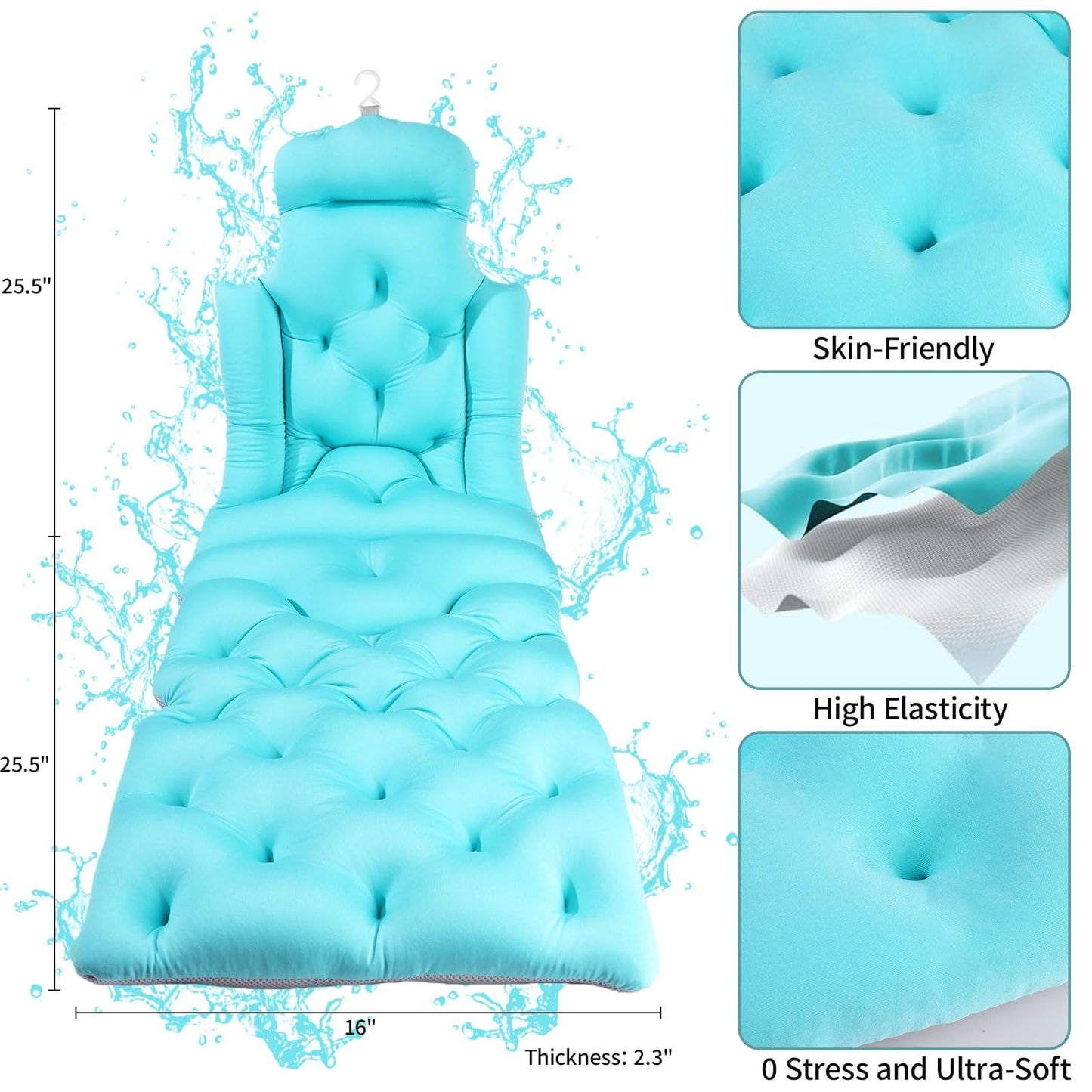 Flozerra Full Body Bath Pillow, 51"x16" Thick Bathtub Cushion with Laundry Bag, Neck & Back Support Pillow for Bathtub, Ocean Blue