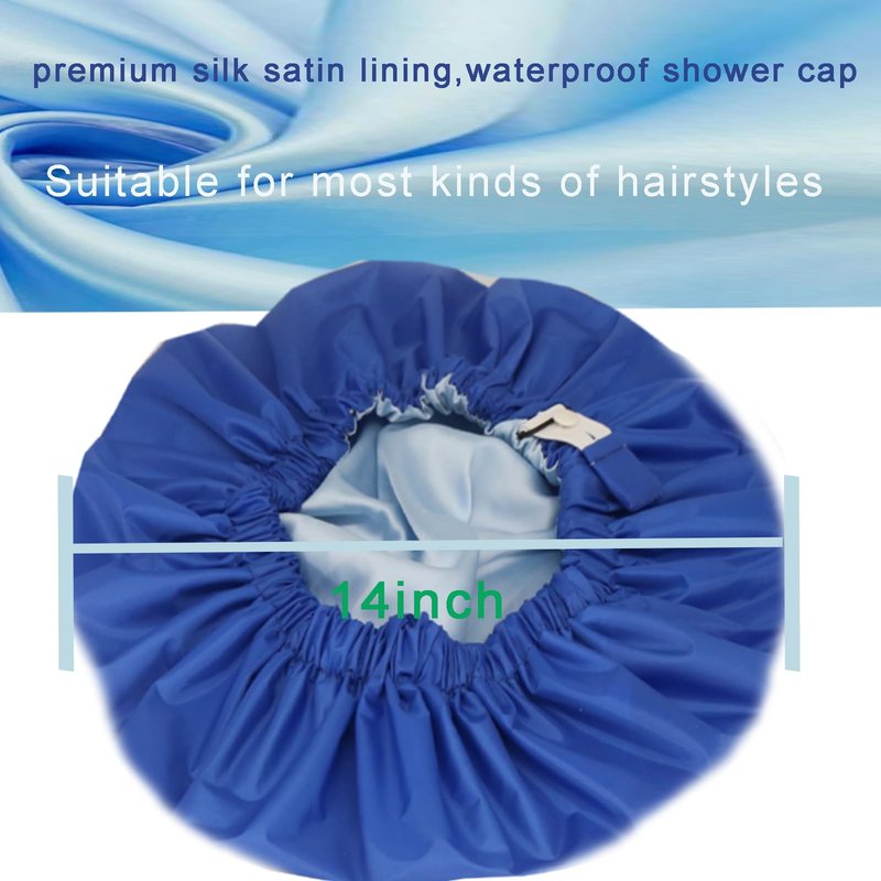 2Pcs Shower Cap with Satin Interior+Packing Bag+Scrunchy Reusable Large Bath Cap Waterproof for All Length Hair, Adjustable Double Layers Cap for Women Shower Spa Travel Non-Slip Elastic Band