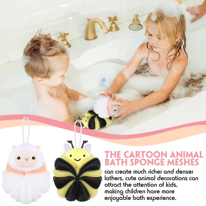 Nuenen 2 Pcs Bath Loofahs Kids Toddler Cute Cartoon Bath Sponges Loofah Pouf Body Scrubber Mesh Sponges for Children Shower Washing Exfoliating (Sheep, Bee)