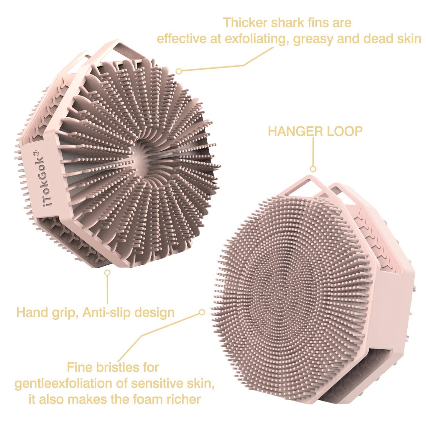 iTokGoK® Silver-Infused 2-in-1 Silicone Body Scrubber, Double-Sided Design Body Brush Scrubber Exfoliating Brushes for Sensitive Skin for Showering for Women Silicone Loofah- Sand Pink