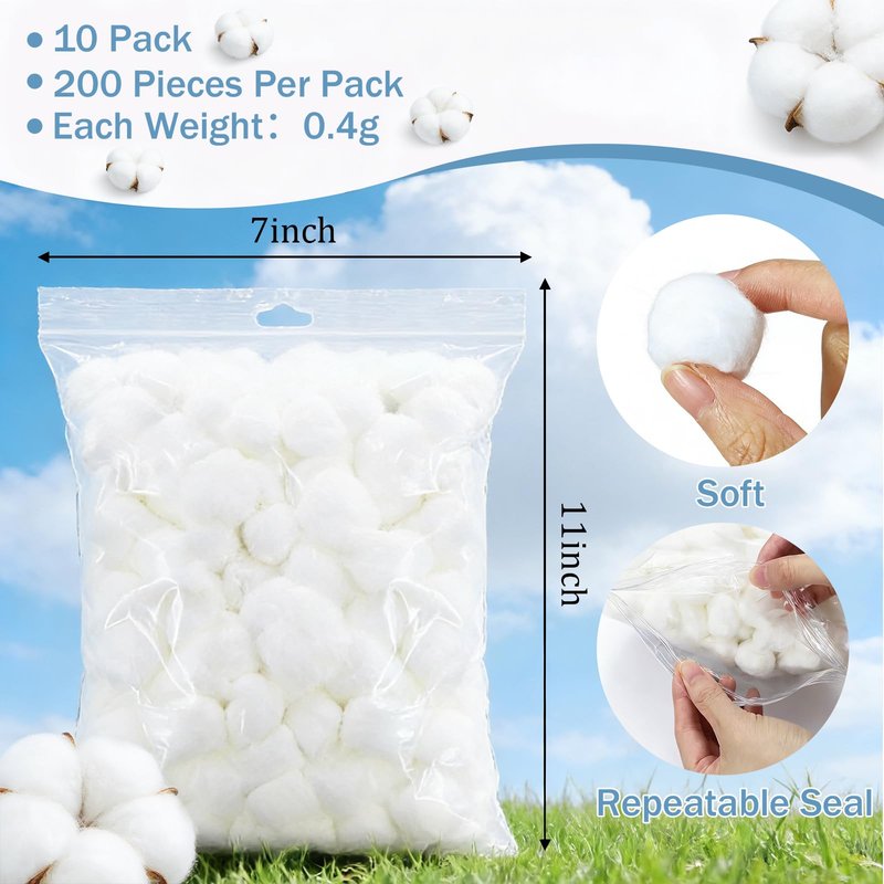 2000Pcs Cotton Balls Large Bulk, Pure & Natural Cotton Balls Absorbent Hypoallergenic Soft & Gentle for Face, Baby Care& First-Aid, Makeup, Nail Polish Remover, Household Needs, DIY Crafts & Pet Care