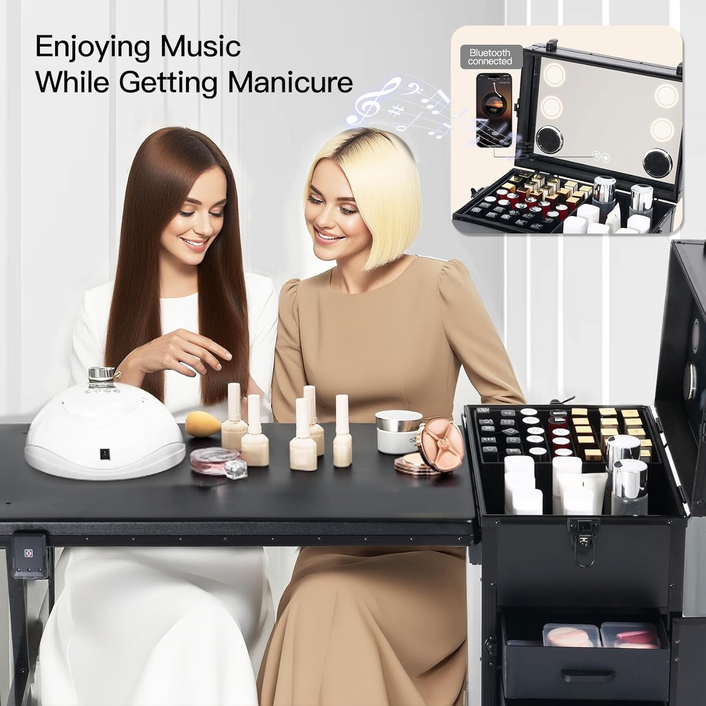 Skiennix Portable Nail Desk - Foldable Manicure Table with 3 Drawers & Mirror | Rolling Mobile Workstation in Black