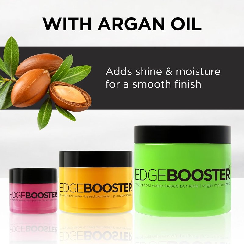 Edge Booster Strong Hold Pomade - Water-Based Formula with Argan Oil for Moisture & Shine | Lemon Candy, 3.38 oz