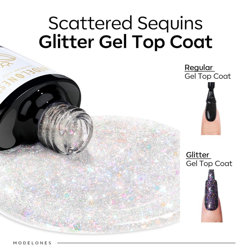 modelones Glitter Gel Nail Polish Top Coat, Rainbow Confetti Gel Top Coat with Scattered Sparkle Shimmer Sequins, Soak Off Long Lasting High Glossy Finish Home Salon DIY Manicure Nail Art