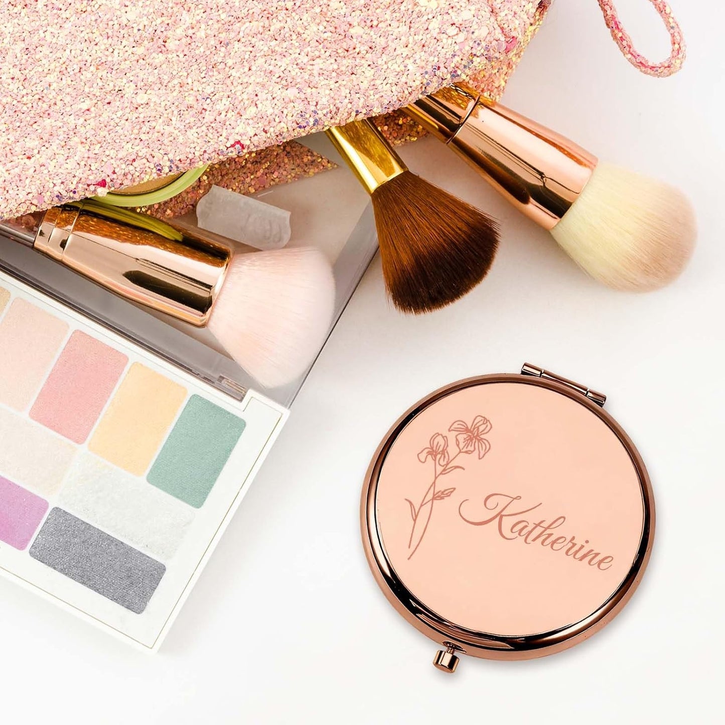 Skiennix Personalized Compact Mirror - Custom Birth Flower Design | Perfect Gift for Bridesmaids, Women, and Special Occasions