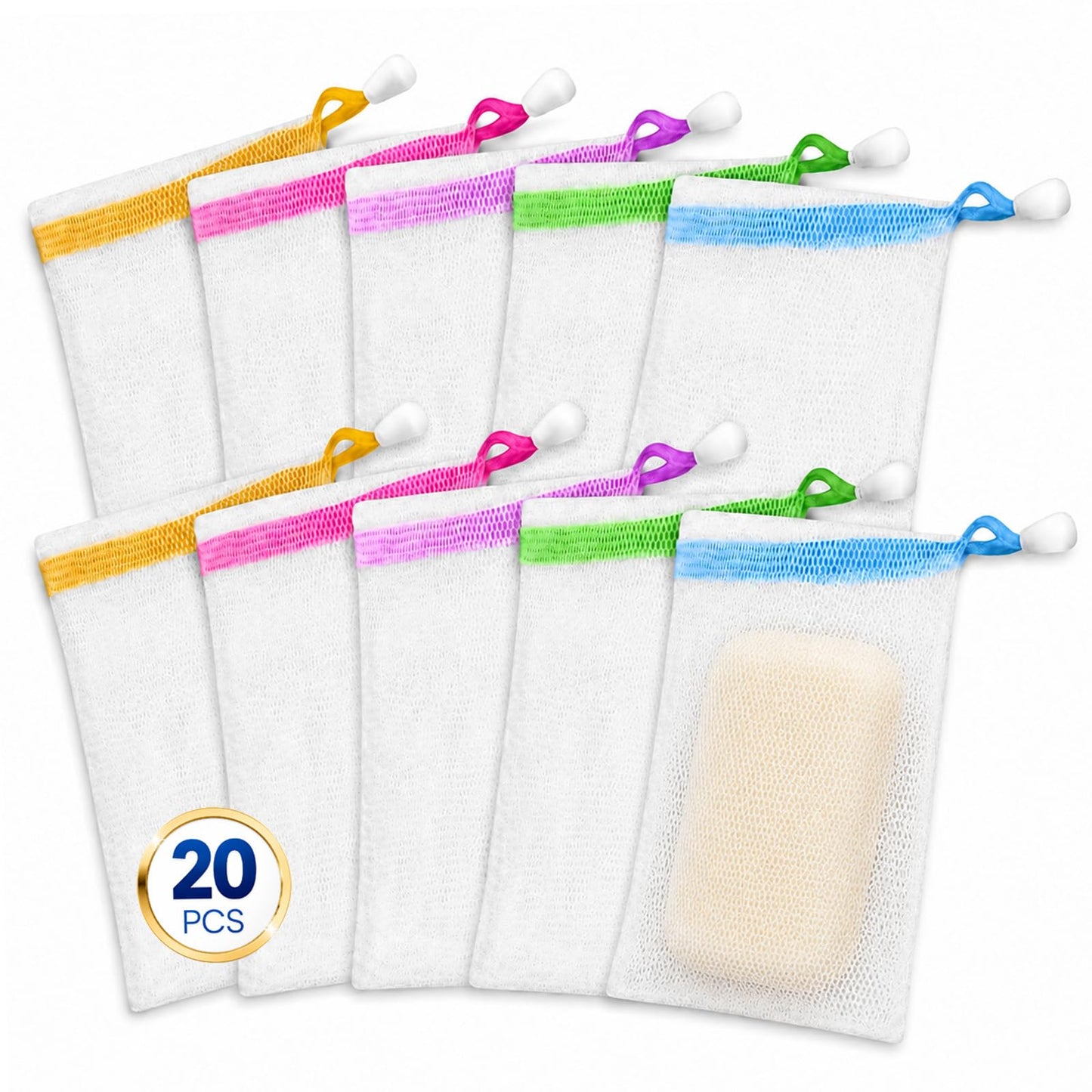 Lagincig 20 Pcs Soap Bag - Mesh Bar Soap Pouch with Drawstring, Nylon Foaming Holder for Shower, Travel, Gym, Bathroom
