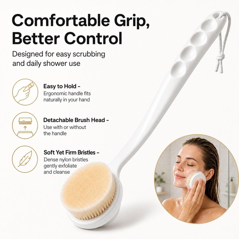 Lequin 14-Inch Handle Bath Brush for Shower, Detachable Back Scrubber with Medium Firm Bristles,Wet or Dry Brushing Body Brush, Exfoliating Shower Scrubber for Back, Legs, Arms and Feet