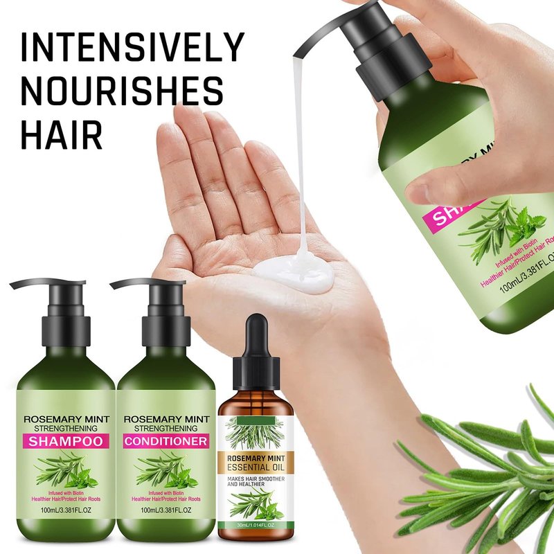 Rosemary Mint Strengthening Shampoo and Conditioner with Hair Oil, Rosemary Hair Treatment Set For Strengthens Hair, Nourish & Smooth for Thin Hair, Reduce Frizz and Hair Loss, Add Shine