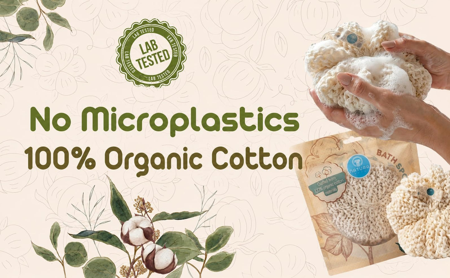 Organic Bath Sponge/Natura Bath Organic Cotton Bath Sponge – Ultra Soft Natural Body Sponge for Shower, Gentle Exfoliating Bath Sponge for Sensitive Skin, Reusable Eco-Friendly Shower Sponge
