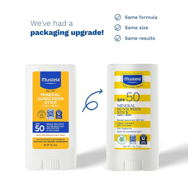 Mustela Baby Mineral Sunscreen Stick SPF 50 - Organic, Water-Resistant Formula for Face & Body | 0.6 oz.