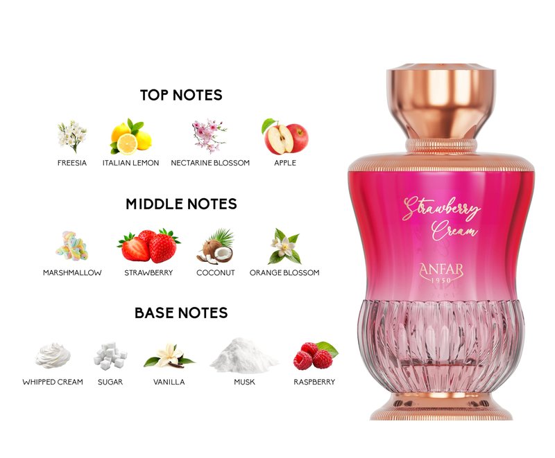 Anfar Strawberry Cream - Fruity Floral Gourmand Fragrance - Women Perfume - Notes of Freesia, Lemon, Marshmallow, and Whipped Cream - 3.4 oz