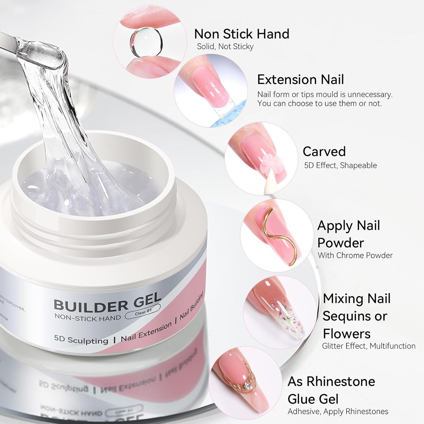 Solid Hard Builder Gel for Nails - 60g Professional 3D Sculpting & Extension Gel with Sequins & Chrome Powder | Non-Sticky Soak Off Formula