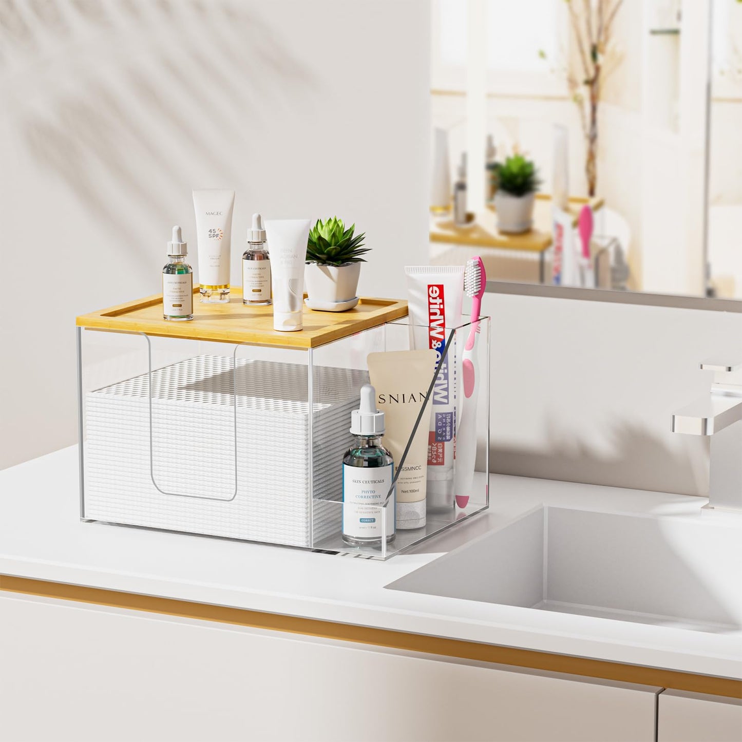 VITVITI Disposable Face Towel Holder Box, Acrylic Clean Skin Club Facial Towel Container, Large Disposable Face Towels Storage for Bathroom Vanity Makeup, Clear