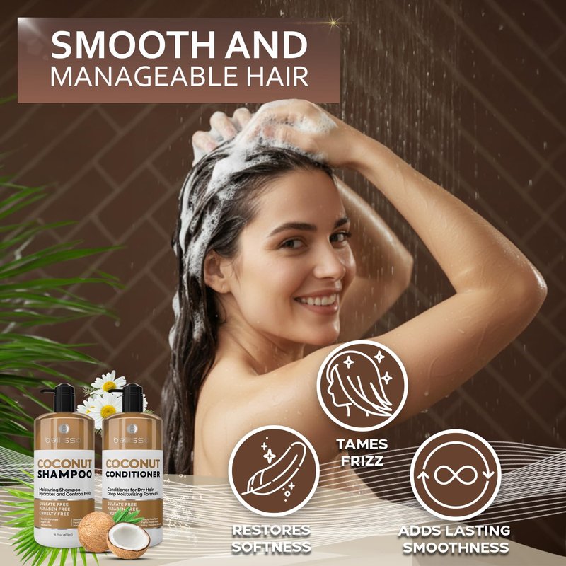 Coconut Shampoo and Conditioner Set - Sulfate-Free Hydrating Formula for Dry, Damaged Hair | 16 Fl Oz (Set of 2)