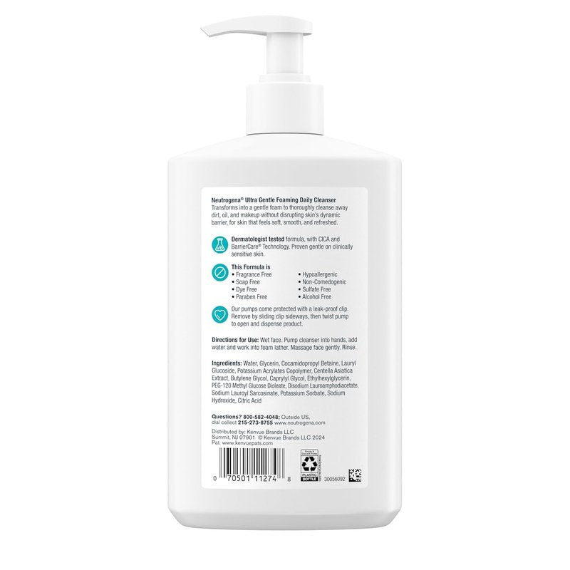 Neutrogena Ultra Gentle Foaming Facial Cleanser - Fragrance-Free Hydrating Face Wash for Sensitive Skin | 16 Fl Oz