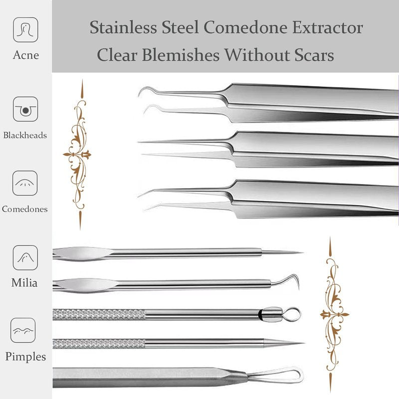 10PCS Blackhead Remover Pimple Popper Tool Kit, Professional Stainless Steel Extractor Removal Tools for Comedone, Acne, and Pimple