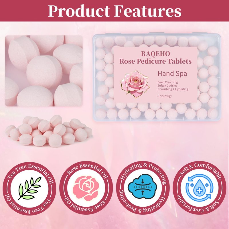 RAQEHO Manicure Spa Balls 8oz -Rose Soak Balls Moisturizing Tablets Cuticle Soften Bombas Efervescentes Para Pedicure Spa Nail Supplies Tools for Hand Soak Pedicure Soak Nail Care Nail Salon（80count）