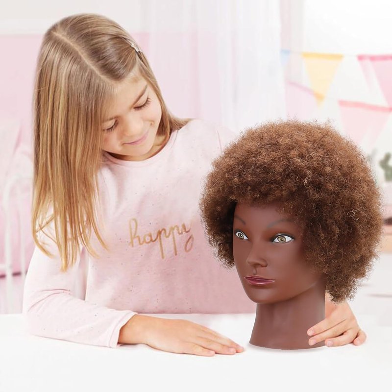 Afro Curly Mannequin Head - 100% Human Hair 10'' Cosmetology Doll for Braiding & Hairstyling | Brown