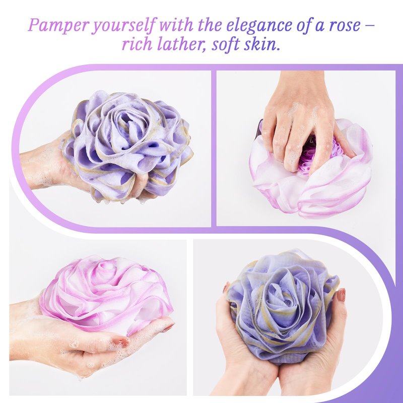 LAYUKI Bath Loofah, Shower Loofah, Body Loofah, Bath Sponge, Shower Sponge, Body Sponge, Bath Scrubber, Shower Scrubber, Body Scrubber, Rose-Shaped, Elegant (Set of 2 Pieces,Purple and Grey)