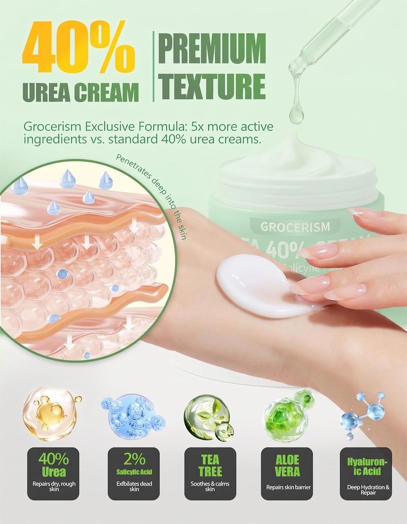 Grocerism Urea Cream 40 Percent For Feet Plus 2% Salicylic Acid 5.29 oz || Foot Cream and Hand Cream Maximum Strength with Hyaluronic Acid,Tea Tree,and Aloe Vera For Deep Moisturizes,Callus Remover