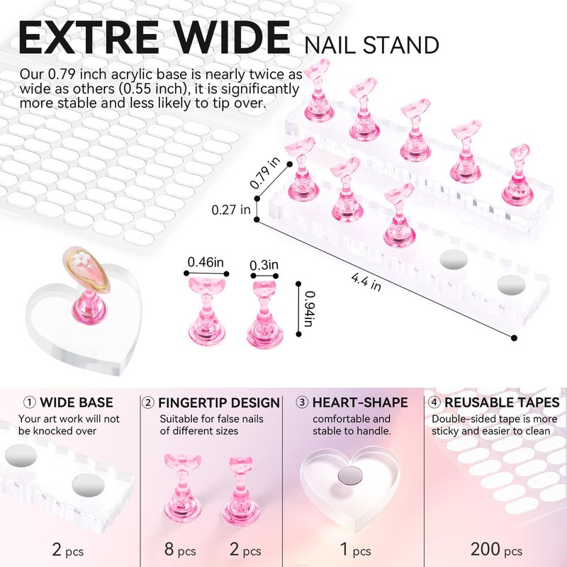 ESUOHYM Nail Stand For Press On Acrylic Strong Magnetic Nail Holder Kit For Painting Nails Tip Arts Display With 200PCS Double-Sided Tape And 1 Heart Shaped Acrylic Magnetic Presson Stand (Clear And Pink, Medium)