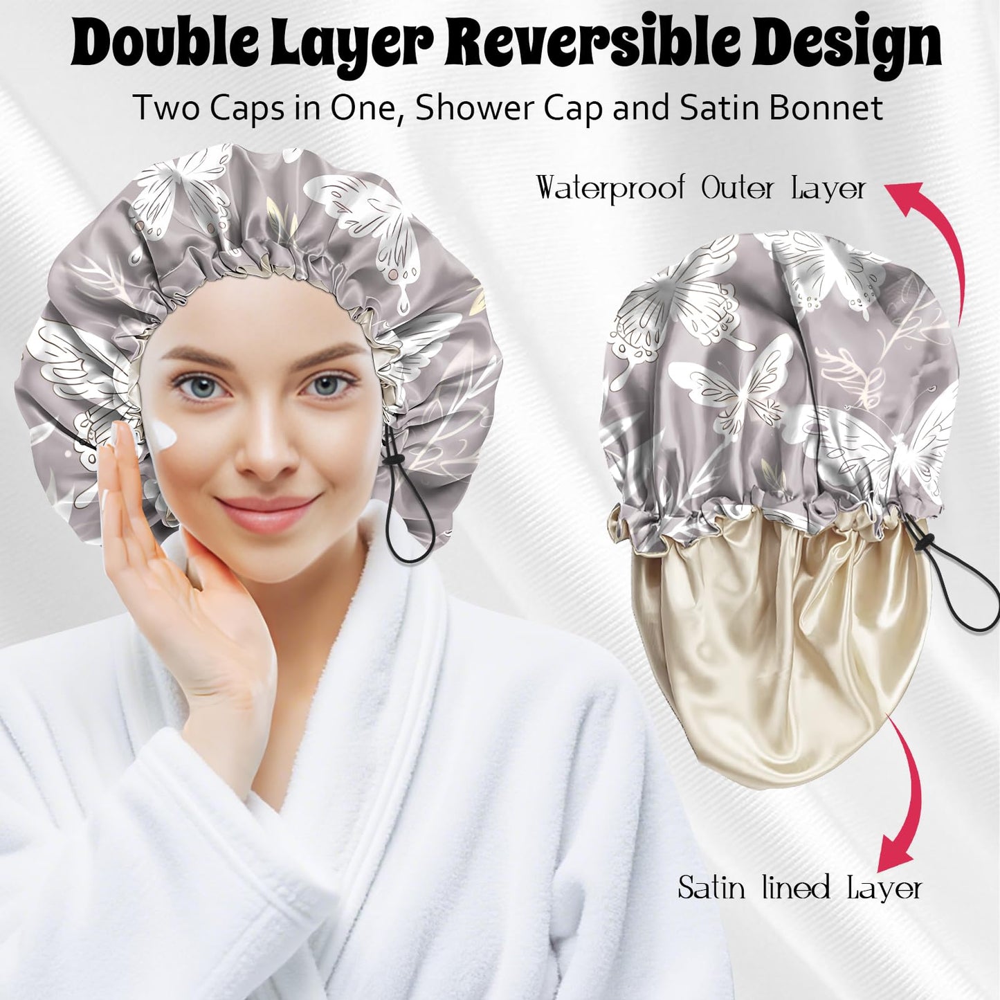 BHAHB Luxury Shower Cap Satin Lined Reusable Waterproof Double Layer Elastic Adjustable Hair Bath Cap Cute Aesthetic Women Girls-White Butterfly
