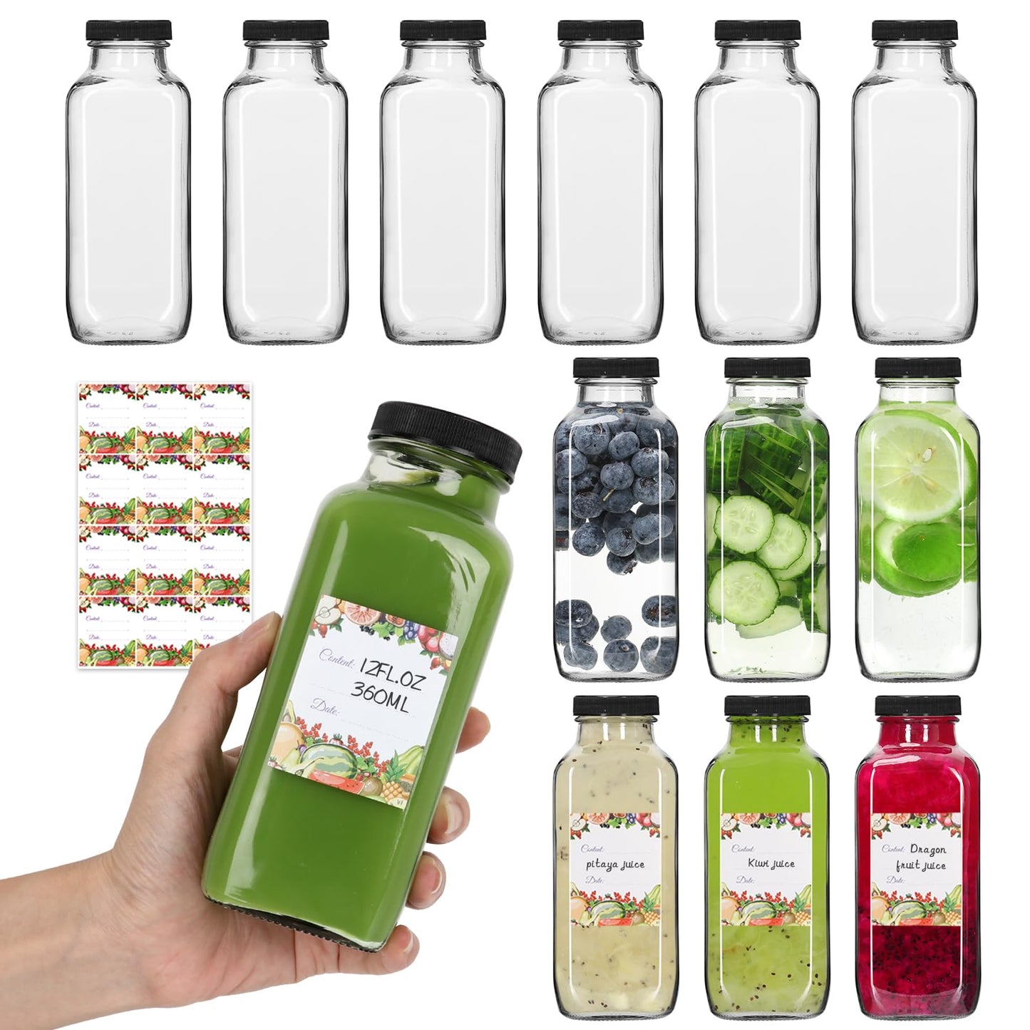 Alotpower 12 oz Glass Juice Bottles with Lids 12Pack, 360ml Square Reusable Drinking Bottles for Juicing, Water, Kombucha Juices, Milk, Beverages and More (12fl.oz, Set of 12)