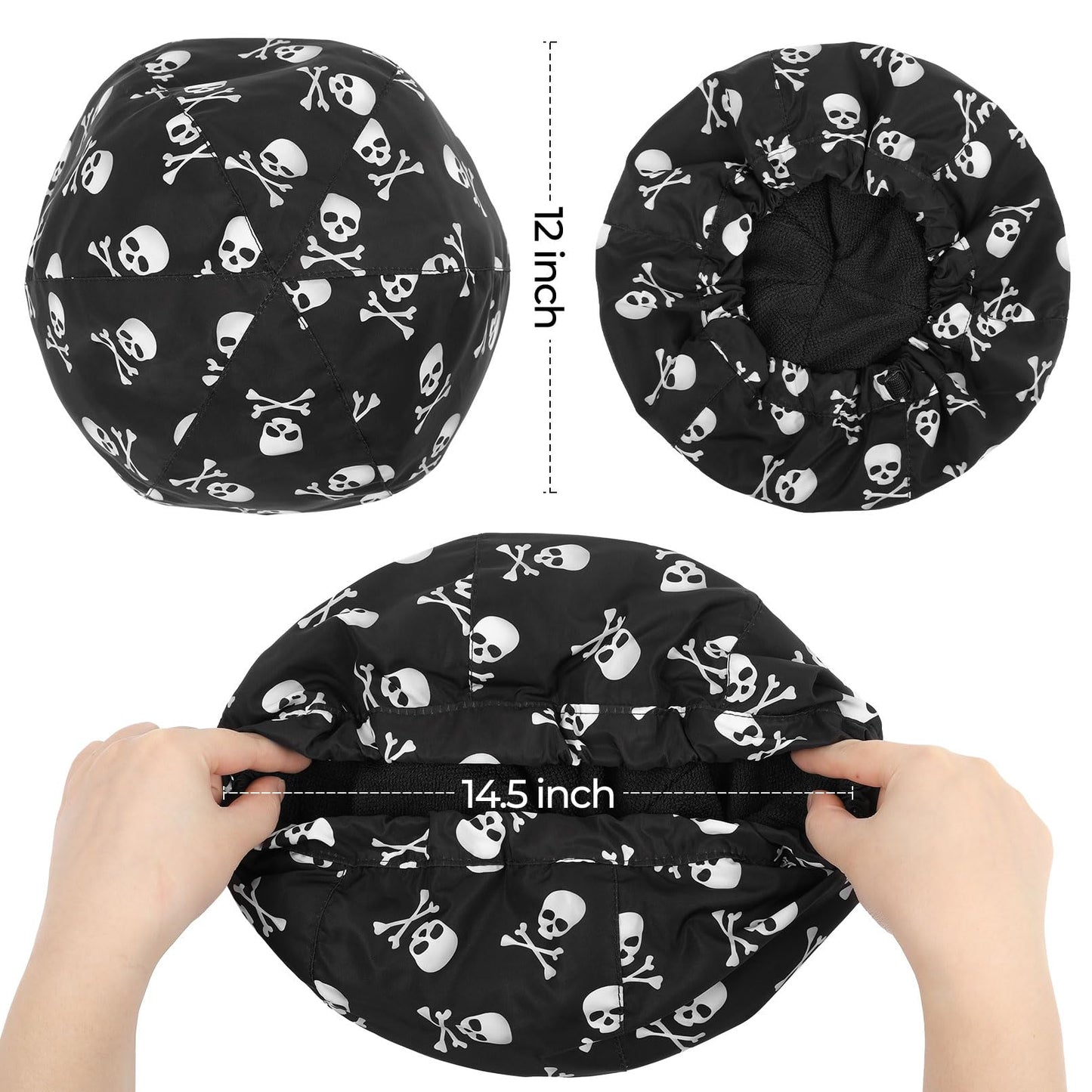 Shower Cap for Men Skulls Bath Cap, Reversible Large Waterproof Adjustable Shower Caps Terry Lining & Elastic Band Stretch Hem Hair Hat