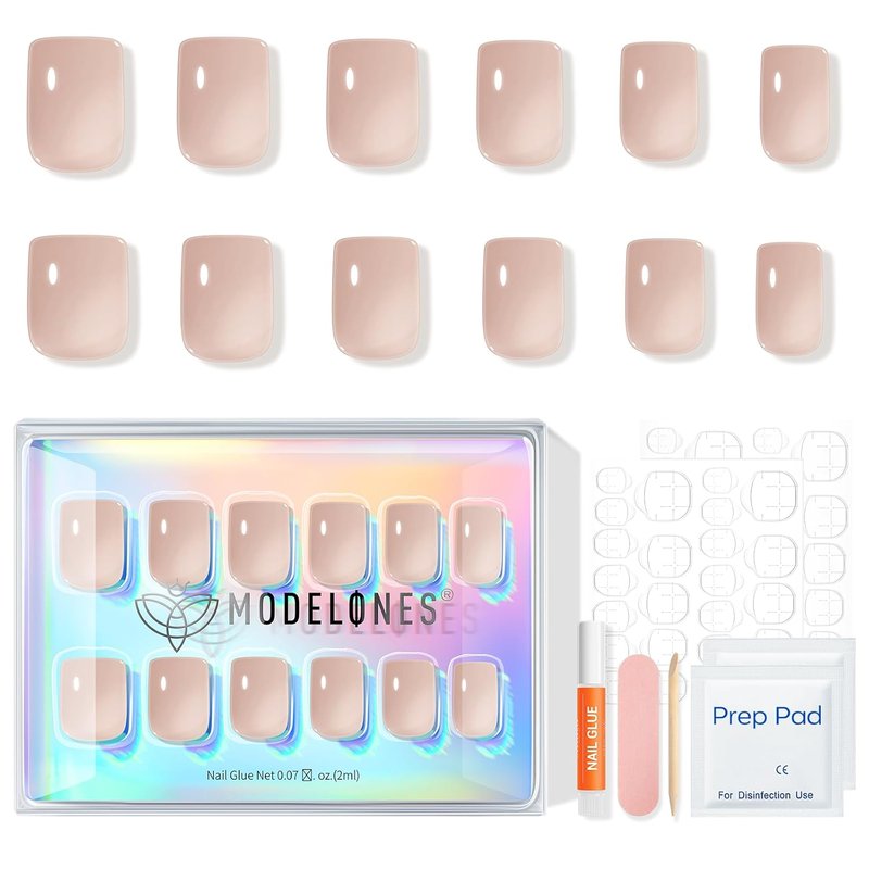 Modelones Nude Press-On Nails - Short Square Jelly Fake Nails | Reusable 32 Pcs Nail Kit with Glue & File