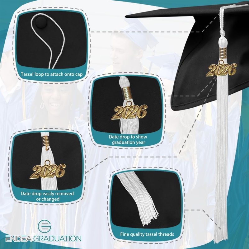 Endea Graduation Single Color Tassel with Gold Date Drop (White, 2026)