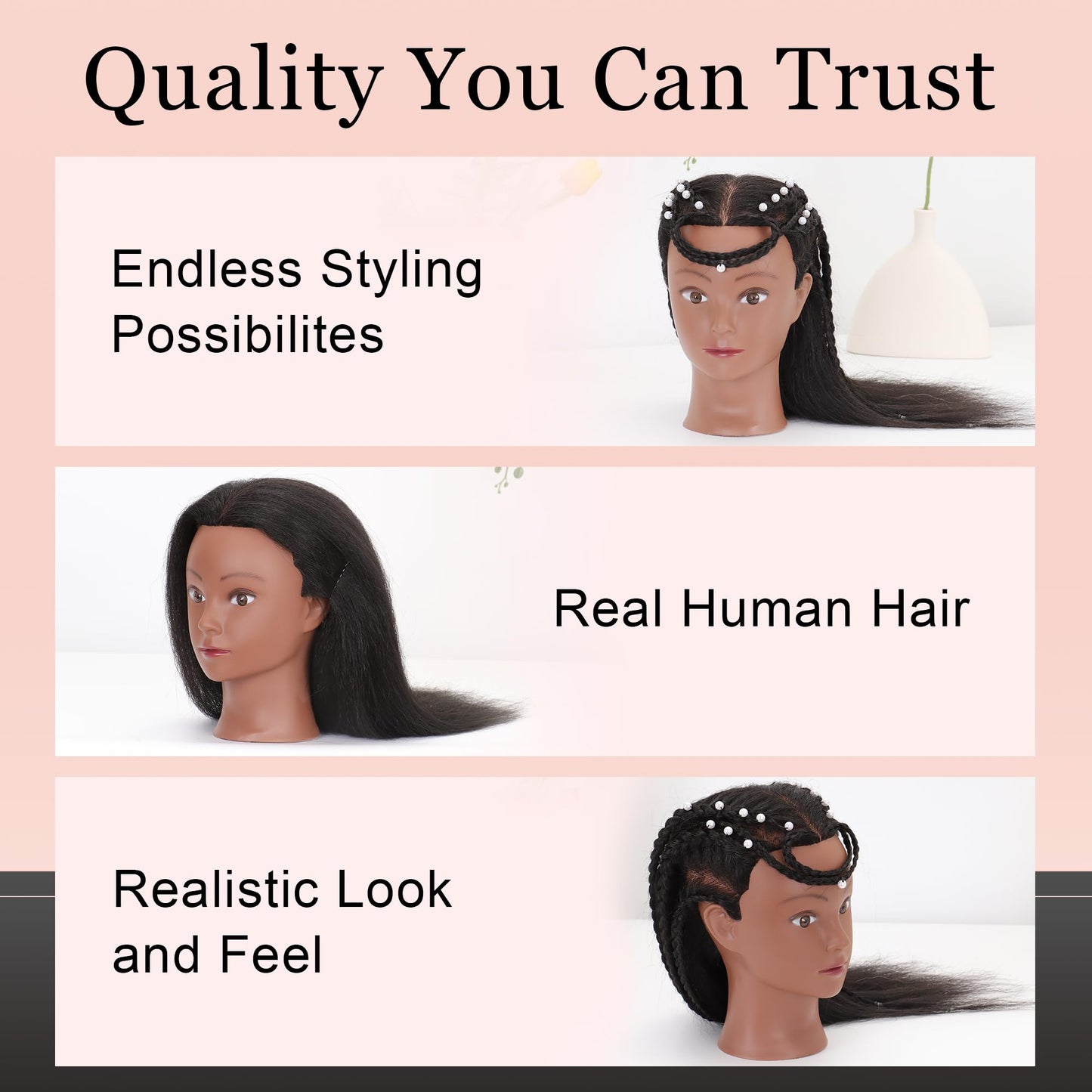 YODIDI Mannequin Head with 100% Human Hair, Manikin Head Human Hair Cosmetology Doll Head for Hair Styling Hairdresser Practice Braiding with Table Clamp Stand and Tools (16 inch)