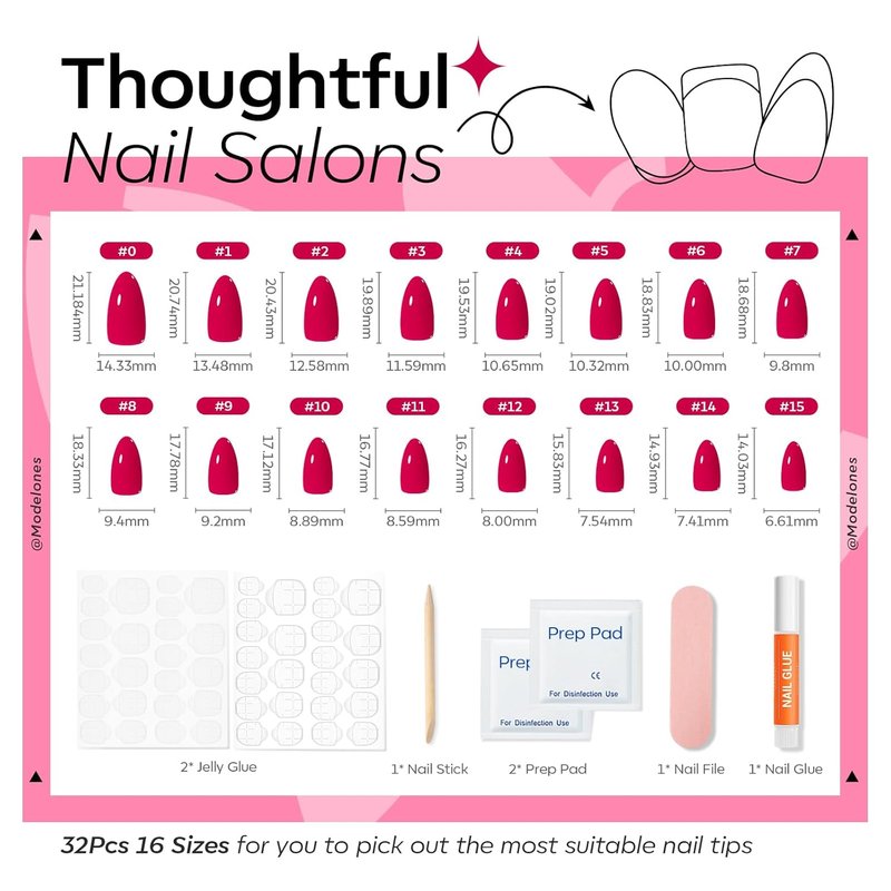 Press On Nails Almond - Raspberry Summer Bright Short Fake Nails | 32 Pcs, Reusable Kit with Glue & Mini File
