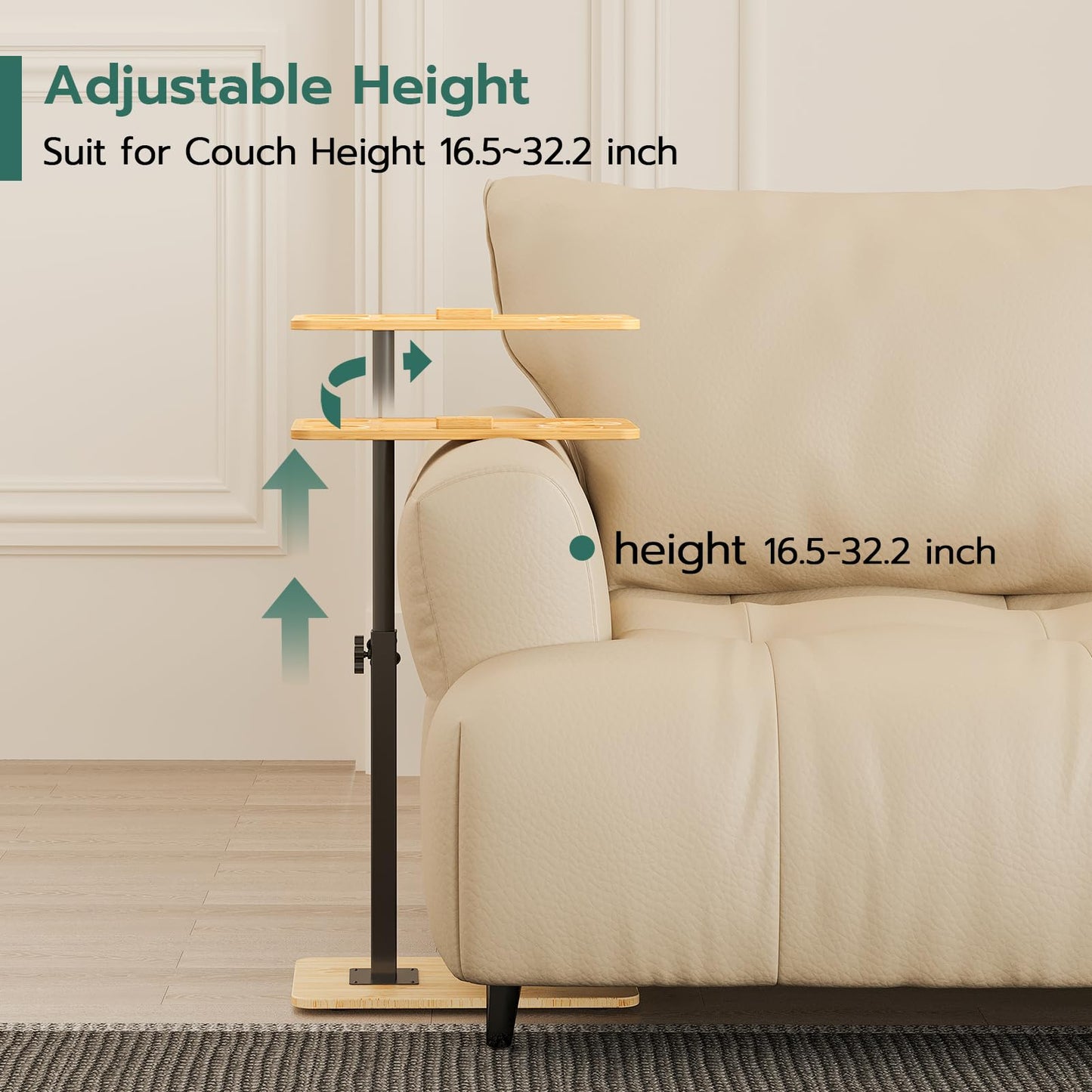Yumkfoi C-Shaped End Table for Couch Arm, Side Table with 360° Rotating Phone Holder, Bamboo Height Adjustable TV Trays, Narrow Side Table Sofa Table Bed Tray for Living Room, Bedroom