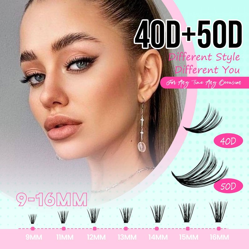 FADVAN Volume Lash Clusters Kit 280pcs DIY Eyelash Extension Kit D-curl Cluster Eyelash Extensions 40+50D Mixed Lash Kit with Eyelash Bond and Seal Remover Tweezers(40D+50D, 0.07D, 9-16mm)