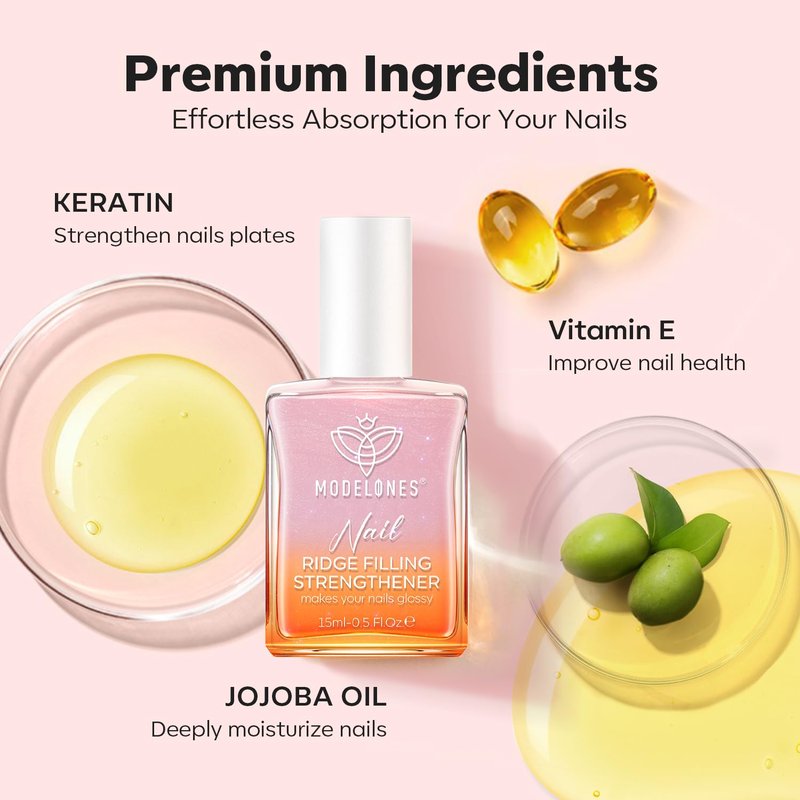 modelones Nail Strengthener Glitter Pink Nail Polish Nail Repair for Damaged Nails Hardener and Growth Polish Nail Care Gifts for Women Nail Strengthening Polish 15ml