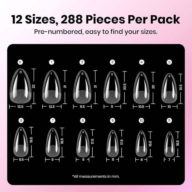 Beetles Gel Nail Kit - Almond Short 288pcs Nail Tips | HEMA-Free Glue, Top Coat & Base Gel Set for DIY Extensions