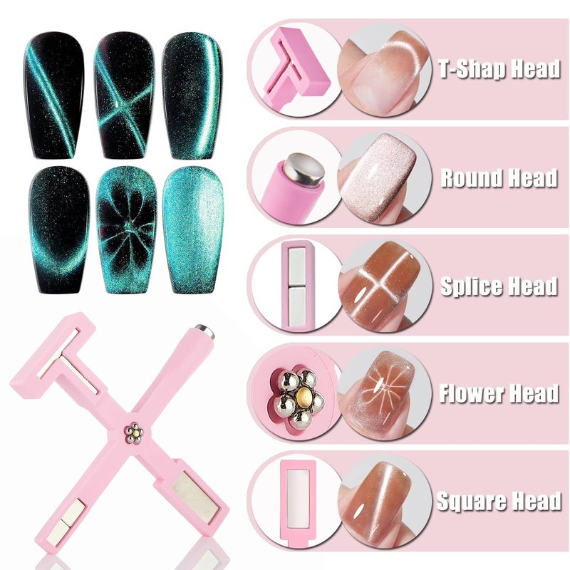 11Pcs Cat Eye Magnet Set for Nails Art, 5 in 1 Multifunction Nail Magnets for Cat Eye Gel Nail Polish, Magnetic Sticks Nail Design Glassy Moon French Flower Heart Cats Eye Effect Manicure DIY