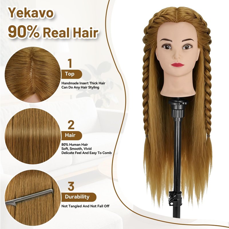 Mannequin Head with 90% Human Hair,26"-28" Hair Doll Head for Cosmetology & Hairdresser,Real Hair Manikin Doll Styling Head,Hairdressing Training braiding Head with Table Clamp+Styling Set