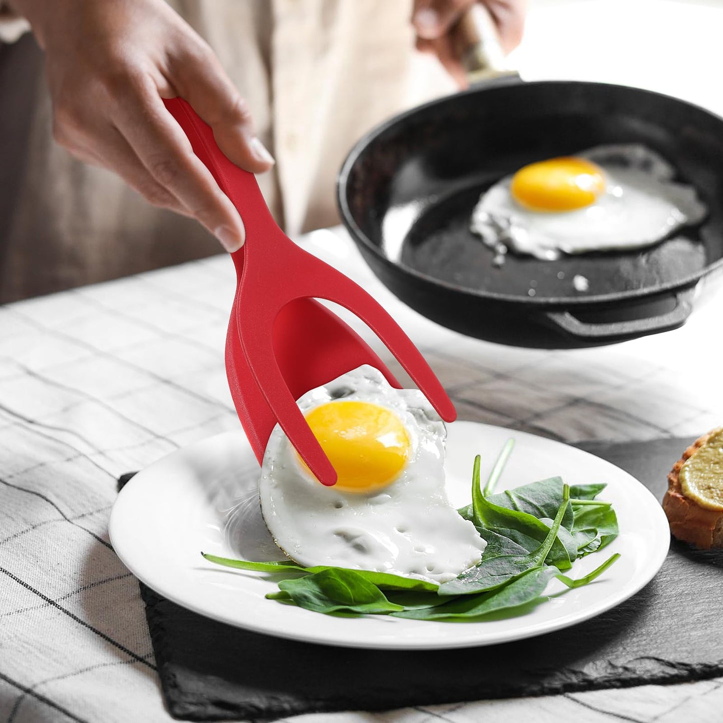 Hemoton 2 in 1 Egg Spatula and Tongs,Flipper Spatula for Bread Fish Toast Pancakes Omelettes and Fried Eggs,Non-Stick Silicone Kitchen Tool for Cooking Flipping and Gripping