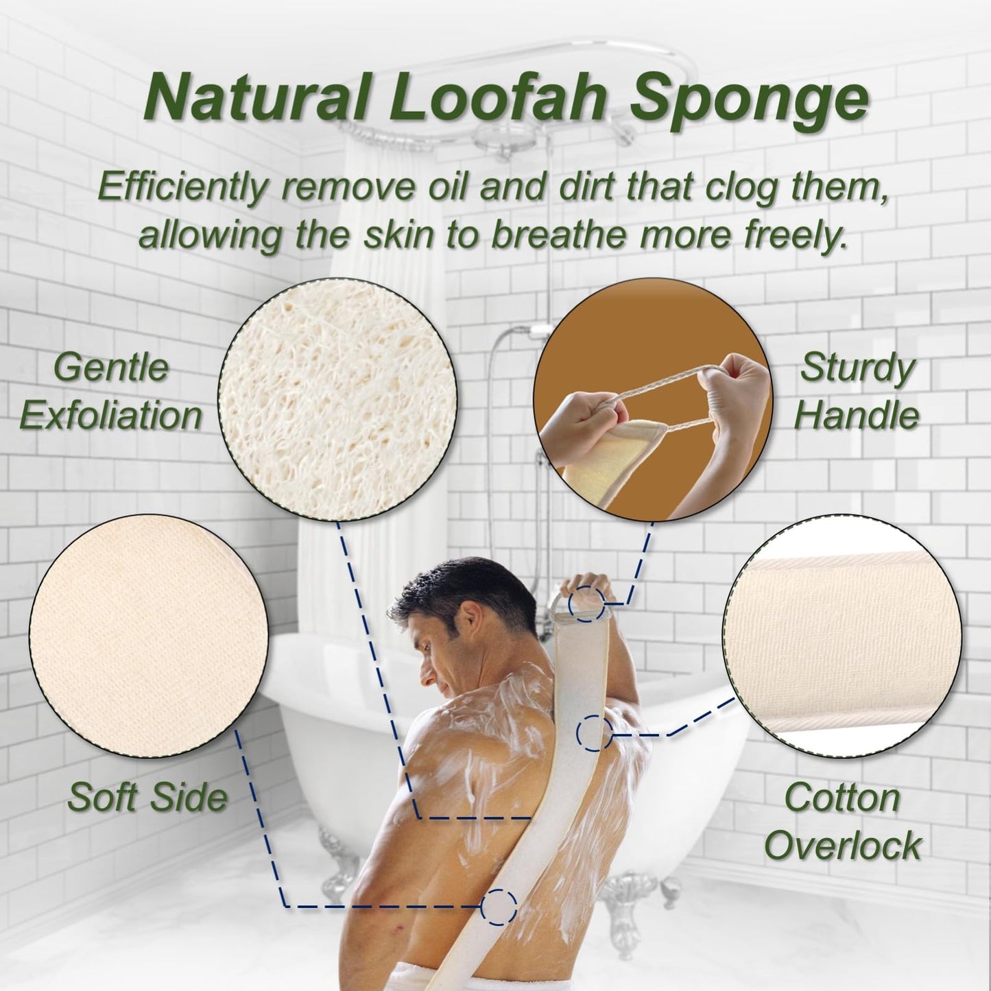 YUNKWONG Natural Loofah Sponge, Exfoliating Body Scrubber for Men Women, Loofah with Handle, Exfoliating Back Scrubber for Shower Set, Deeply Clean & Invigorate Your Skin (2 pcs in Box)