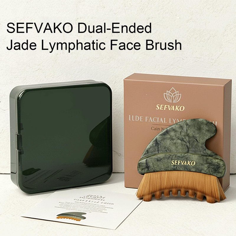 SEFVAKO Lymphatic Contour Face Brush, Dual-Ended Dry Brush + Cool-Touch Jade Gua Sha Edge, 0.075mm Ultra-Soft Bristles Gua Sha Facial Tools, for Lymphatic Drainage, Less Puffy Look, Sculpt & Relax