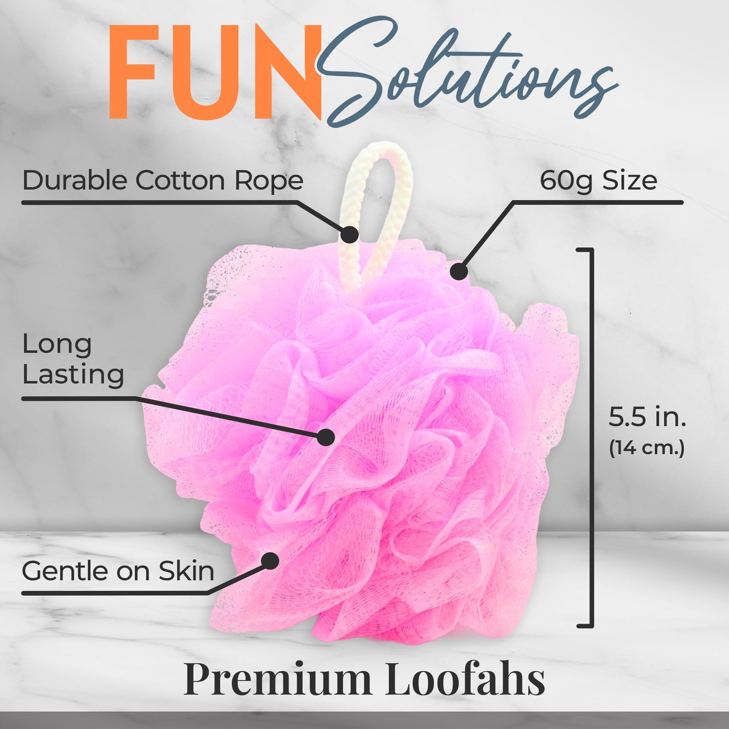Premium Loofah Bath Sponge 3 Pack – Full-Size 60g (5.5 Inch) Colorful Mesh Shower Poufs, Soft & Gentle Body Scrubbers for Women, Men & Kids with Cotton Rope (Cotton Candy)