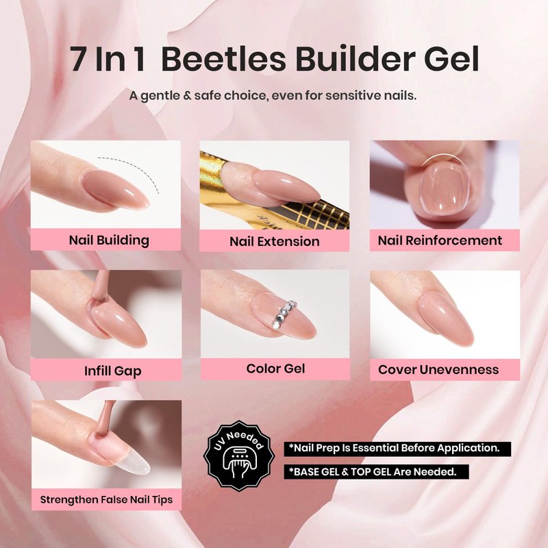 Beetles Builder Gel for Nails,Nude Brown 7 in 1 Nails Extension & Building Apex Strengthen Thin Nails DIY Salon at Home Nail Art for Beginner Women, UV & LED Lamp Needed