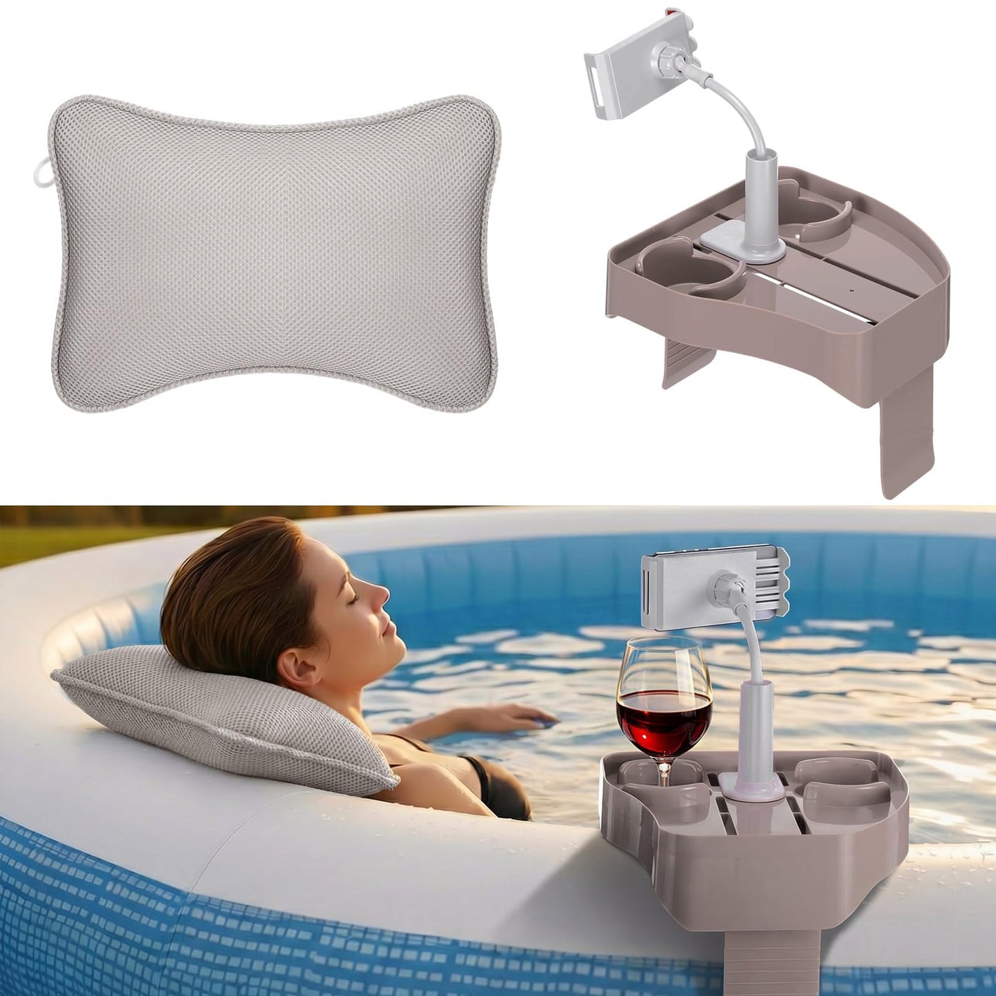 Lewtemi 2 Pcs Hot Tub Table Tray with Adjustable Phone Holder and 2 Cup Holders Bath Pillow Spa Headrest Pillow with Suction Cup Hot Tub Accessories for Outdoor Inflatable Pool