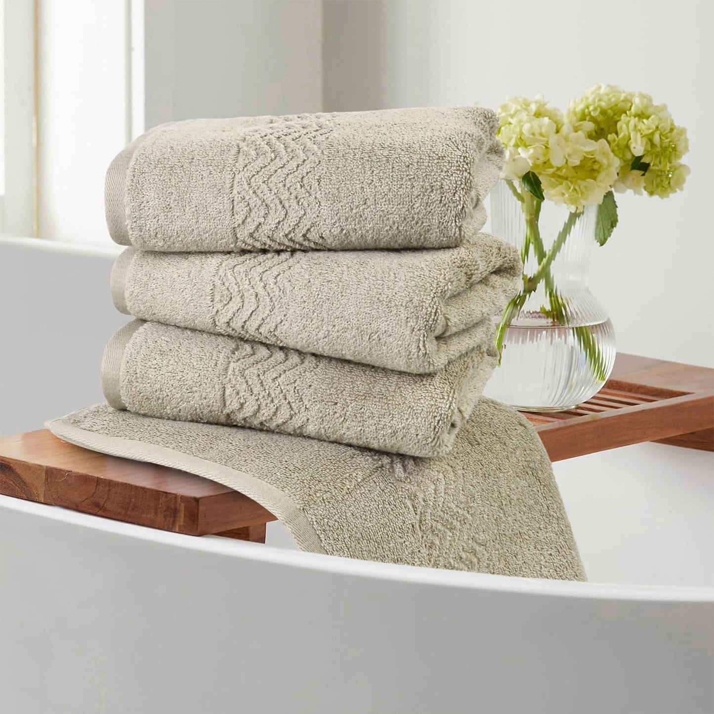 Cleanbear Bathroom Hand Towels with Jacquard Weaved, Ultra Soft and Lightweight Hand Towel, Highly Absorbent for Drying and Cleaning, 13 x 28 Inch (Khaki)